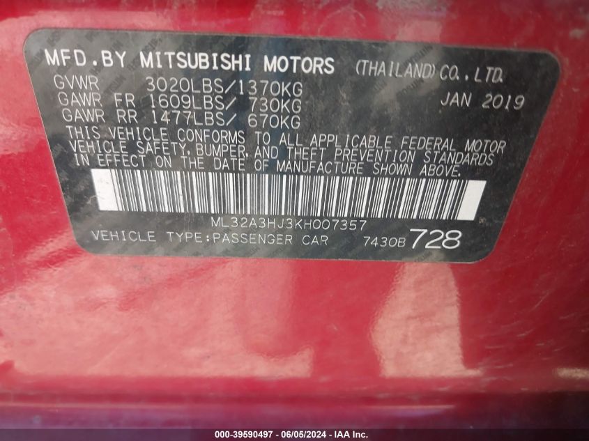 2019 Mitsubishi Mirage Rf VIN: ML32A3HJ3KH007357 Lot: 39590497