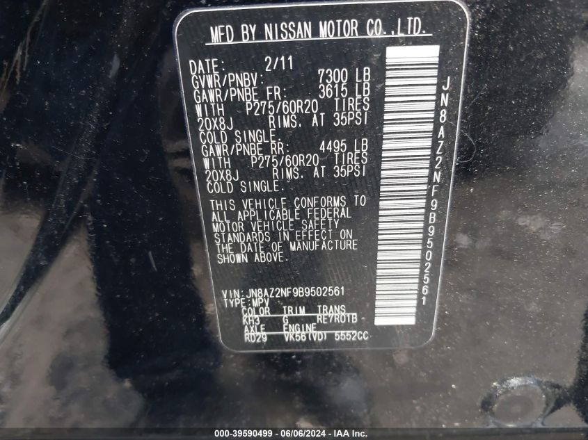 2011 Infiniti Qx56 VIN: JN8AZ2NF9B9502561 Lot: 39590499