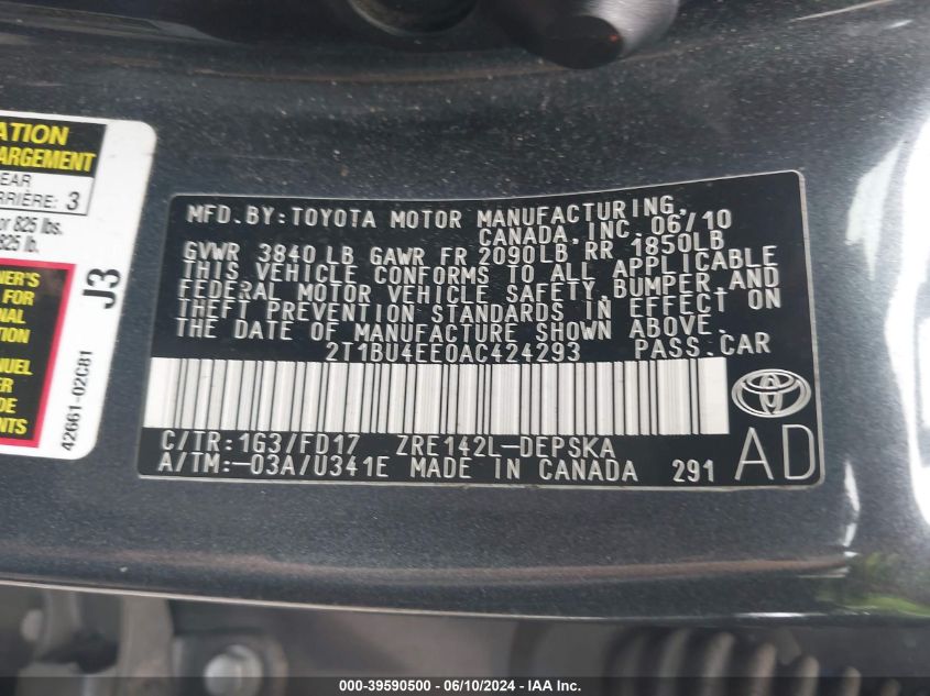 2010 Toyota Corolla S VIN: 2T1BU4EE0AC424293 Lot: 39590500