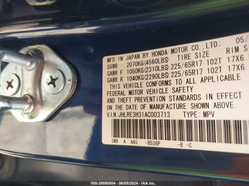 2010 Honda Cr-V Lx VIN: JHLRE3H31AC003713 Lot: 39590504