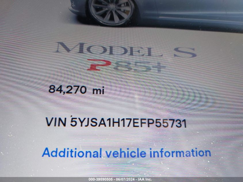 2014 Tesla Model S P85 VIN: 5YJSA1H17EFP55731 Lot: 39590505