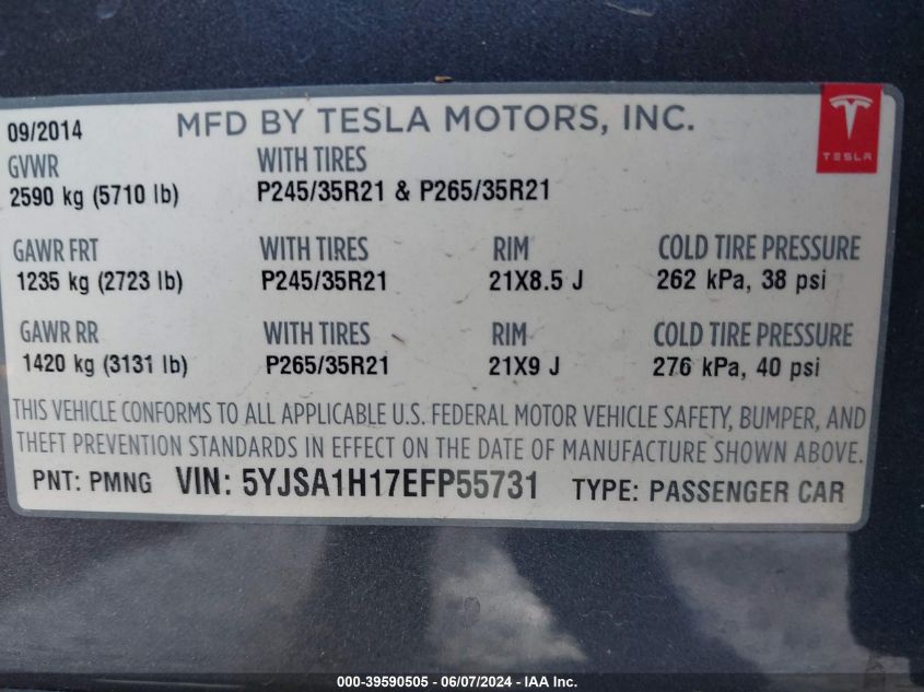 2014 Tesla Model S P85 VIN: 5YJSA1H17EFP55731 Lot: 39590505