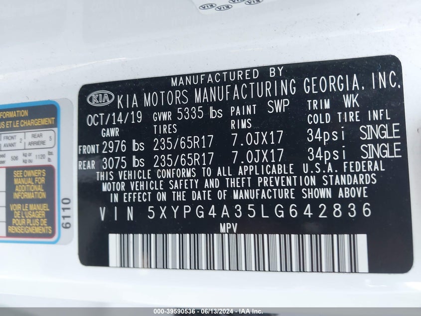 2020 Kia Sorento 2.4L L VIN: 5XYPG4A35LG642836 Lot: 39590536