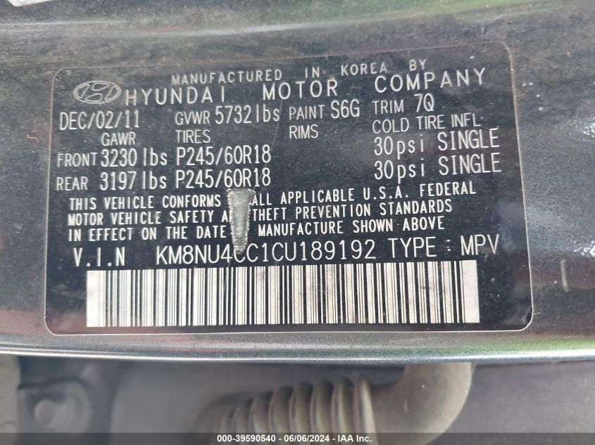 2012 Hyundai Veracruz Limited VIN: KM8NU4CC1CU189192 Lot: 39590540