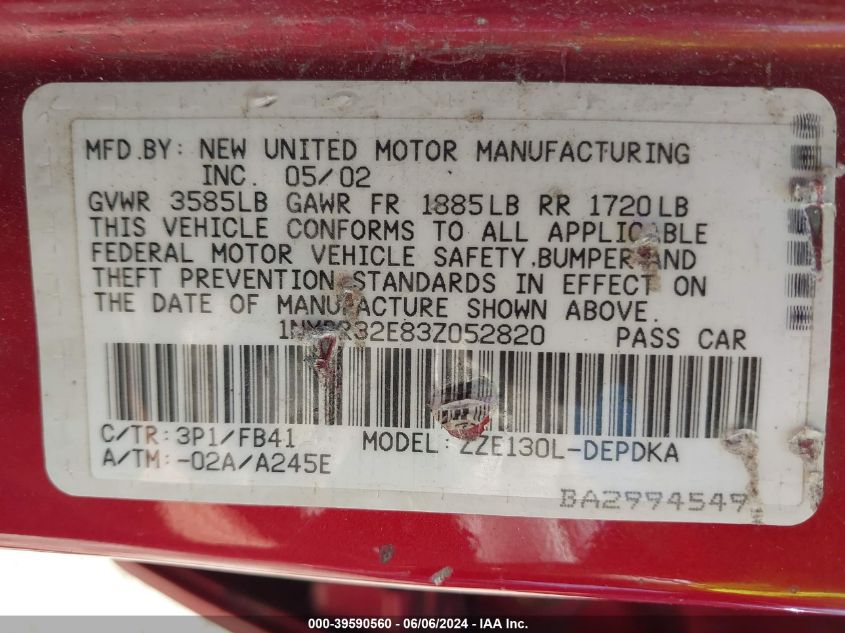 2003 Toyota Corolla Ce VIN: 1NXBR32E83Z052820 Lot: 39590560