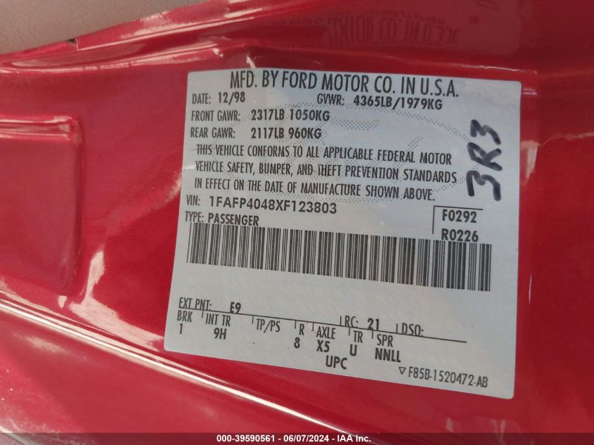 1999 Ford Mustang VIN: 1FAFP4048XF123803 Lot: 39590561