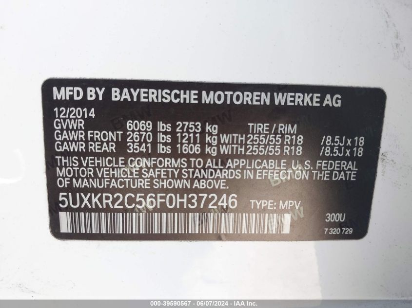 2015 BMW X5 Sdrive35I VIN: 5UXKR2C56F0H37246 Lot: 39590567