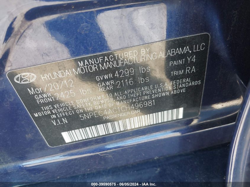 2012 Hyundai Sonata Limited VIN: 5NPEC4AC1CH496981 Lot: 39590575