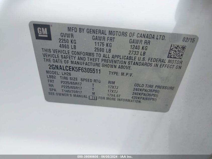 2015 CHEVROLET EQUINOX 2LT - 2GNALCEK5F6305511