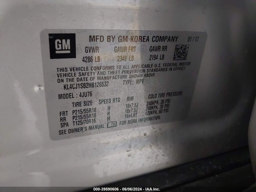 2017 Buick Encore Sport Touring VIN: KL4CJ1SB2HB126532 Lot: 39590606