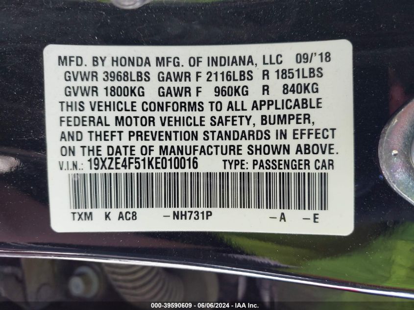 2019 Honda Insight Ex VIN: 19XZE4F51KE010016 Lot: 39590609