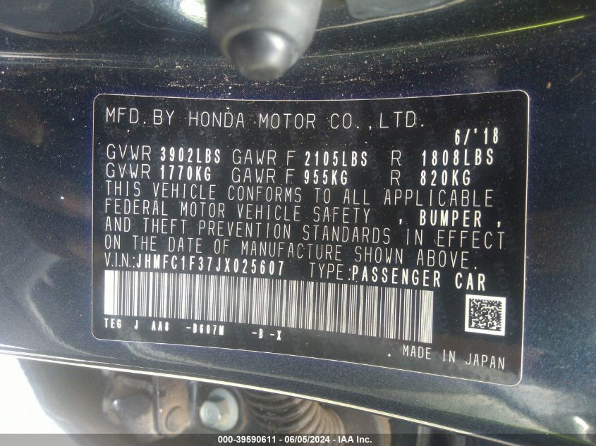 2018 Honda Civic Ex-T VIN: JHMFC1F37JX025607 Lot: 39590611