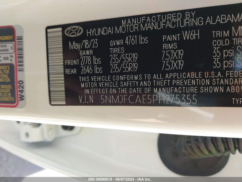 2023 Hyundai Tucson Sel VIN: 5NMJFCAE5PH275355 Lot: 39590615