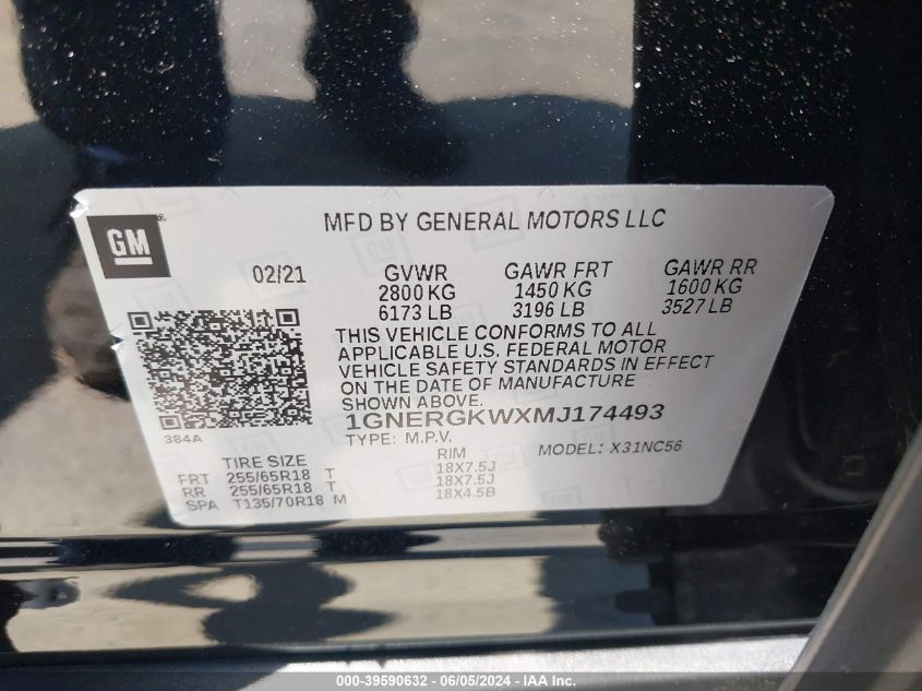 2021 Chevrolet Traverse Fwd Lt Cloth VIN: 1GNERGKWXMJ174493 Lot: 39590632