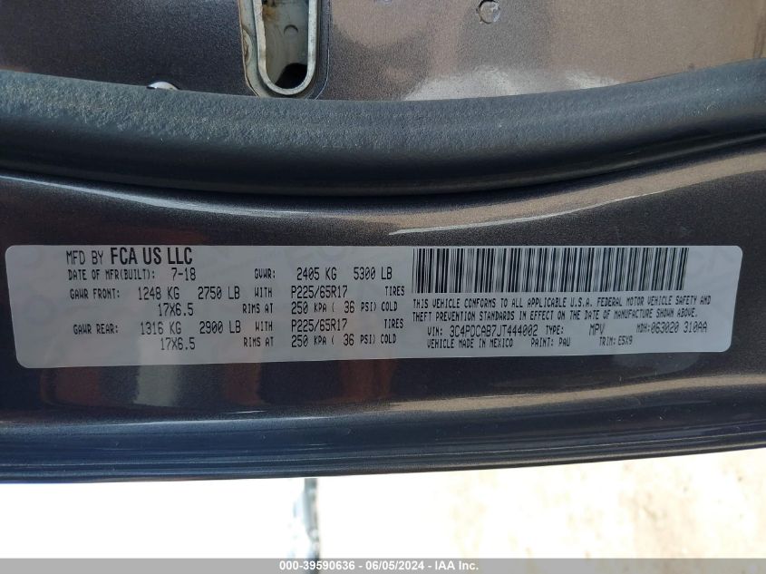 2018 Dodge Journey Se VIN: 3C4PDCAB7JT444002 Lot: 39590636