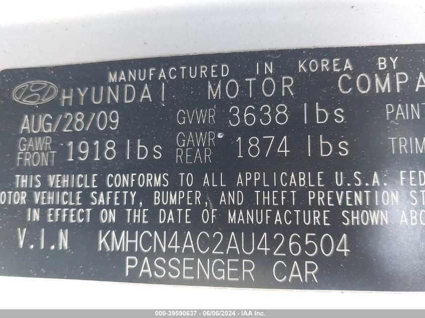 2010 Hyundai Accent Gls VIN: KMHCN4AC2AU426504 Lot: 39590637