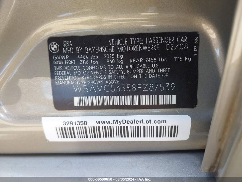 2008 BMW 328I VIN: WBAVC53558FZ87539 Lot: 39590650