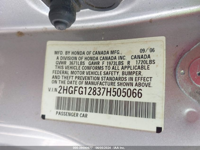 2007 Honda Civic Ex VIN: 2HGFG12837H505066 Lot: 39590677