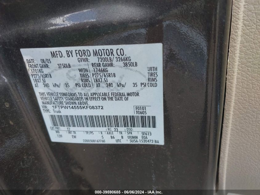 2005 Ford F-150 Fx4/Lariat/Xlt VIN: 1FTPW14555KF08372 Lot: 39590685