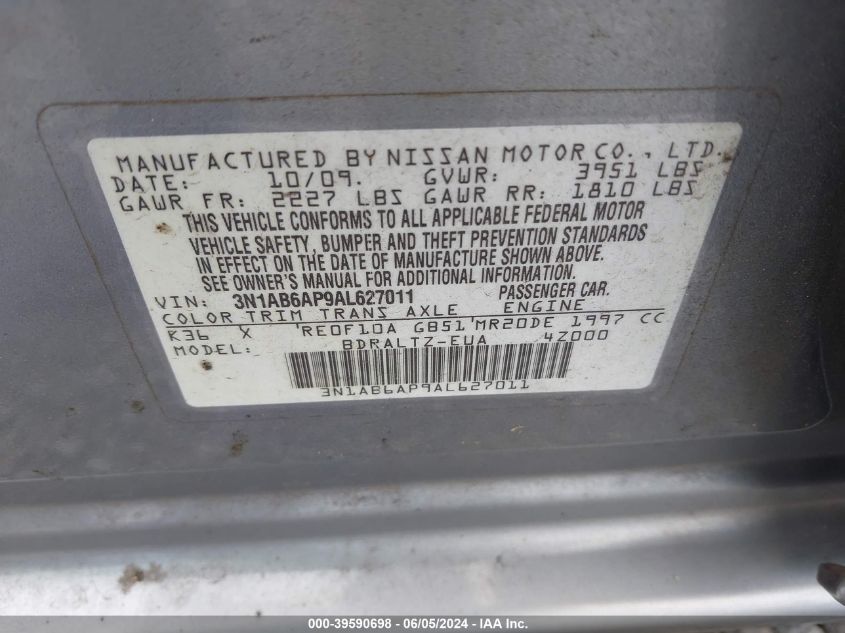2010 Nissan Sentra 2.0S VIN: 3N1AB6AP9AL627011 Lot: 39590698