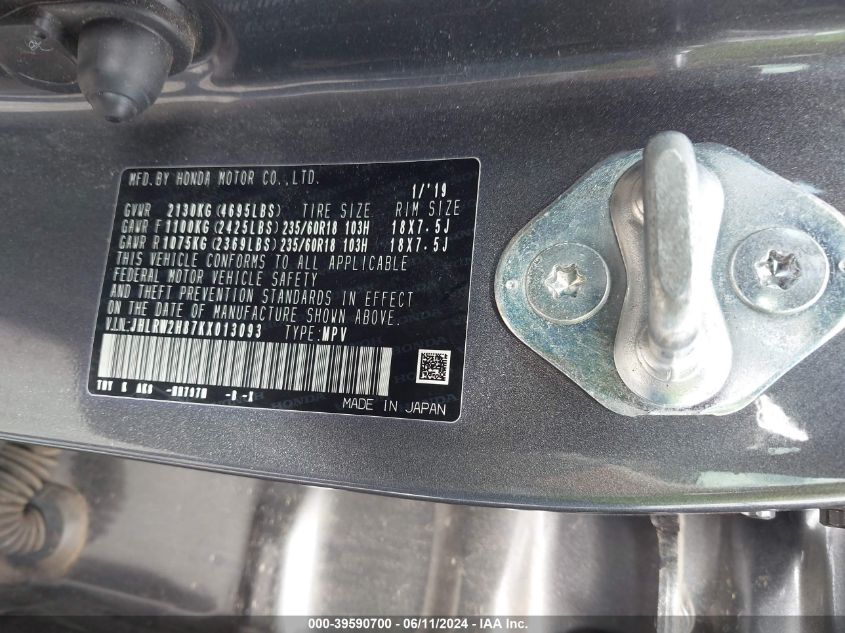 2019 Honda Cr-V Ex-L VIN: JHLRW2H87KX013093 Lot: 39590700