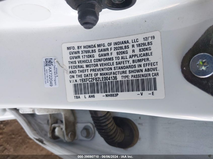 2020 Honda Civic Sport VIN: 19XFC2F82LE004136 Lot: 39590710