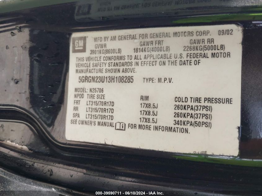 2003 Hummer H2 VIN: 5GRGN23U13H108285 Lot: 39590711