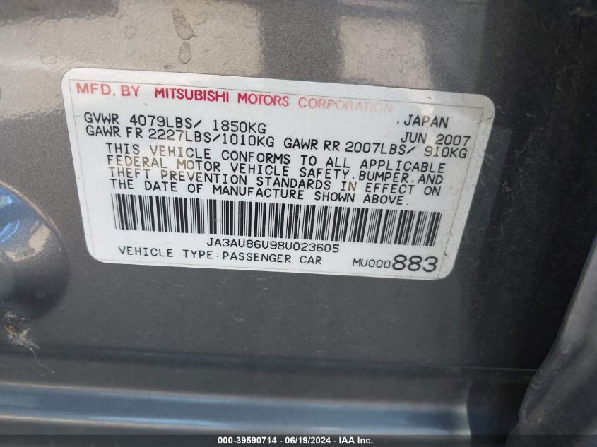 2008 Mitsubishi Lancer Gts VIN: JA3AU86U98U023605 Lot: 39590714