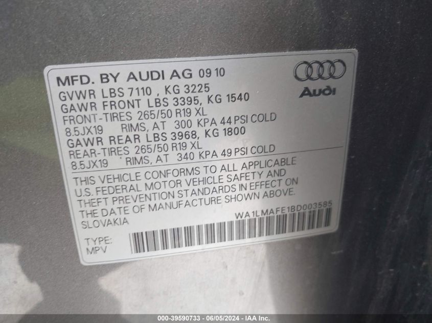 2011 Audi Q7 3.0 Tdi Premium VIN: WA1LMAFE1BD003585 Lot: 39590733