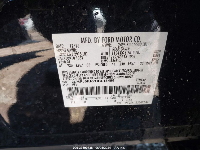 2017 Lincoln Mkx Select VIN: 2LMPJ6KR7HBL18489 Lot: 39590738