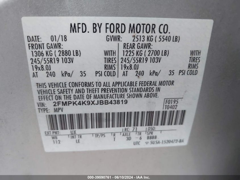 2018 Ford Edge Titanium VIN: 2FMPK4K9XJBB43819 Lot: 39590761