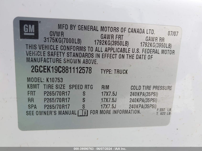 2008 Chevrolet Silverado 1500 Lt1 VIN: 2GCEK19C881112578 Lot: 39590763