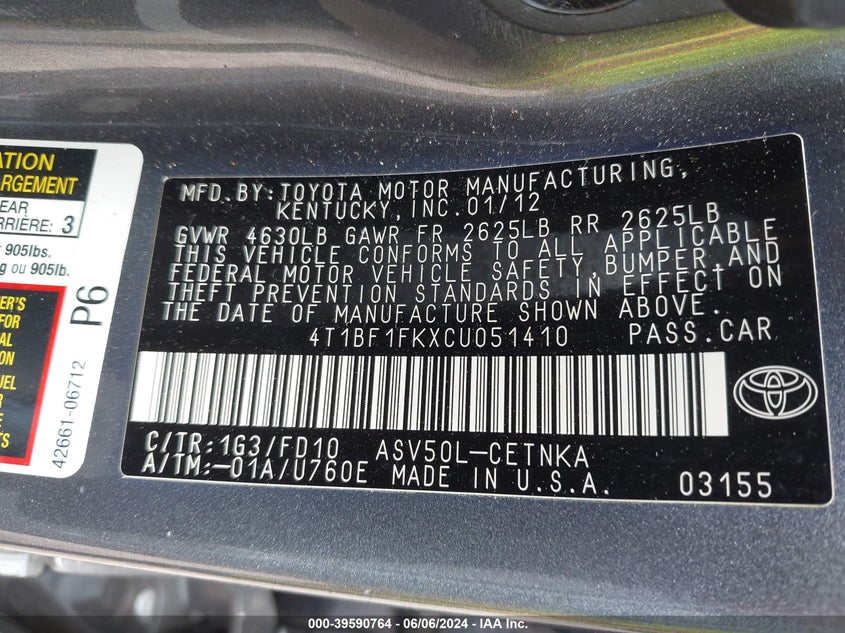 2012 Toyota Camry Le VIN: 4T1BF1FKXCU051410 Lot: 39590764