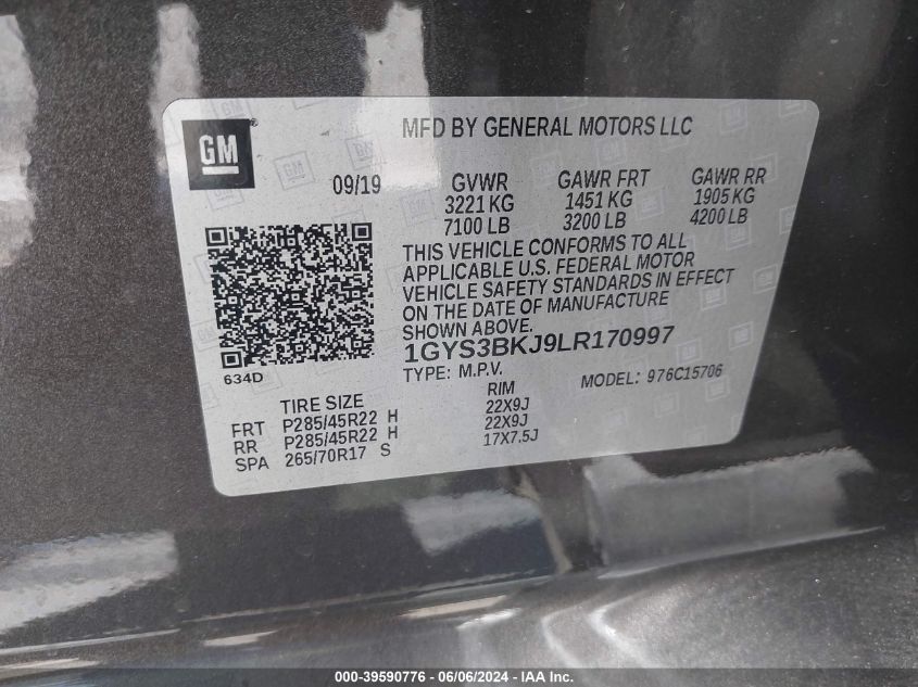 2020 Cadillac Escalade Luxury VIN: 1GYS3BKJ9LR170997 Lot: 39590776