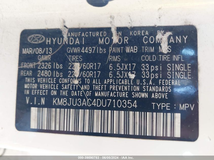 2013 Hyundai Tucson Gls VIN: KM8JU3AC4DU710354 Lot: 39590783