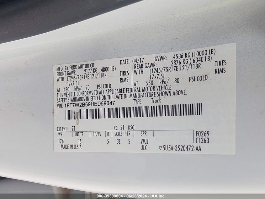 2017 Ford F-250 Xl VIN: 1FT7W2B69HED59047 Lot: 39590804