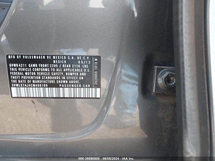 2012 Volkswagen Jetta 2.5L Sel VIN: 3VWLX7AJ4CM408198 Lot: 39590805