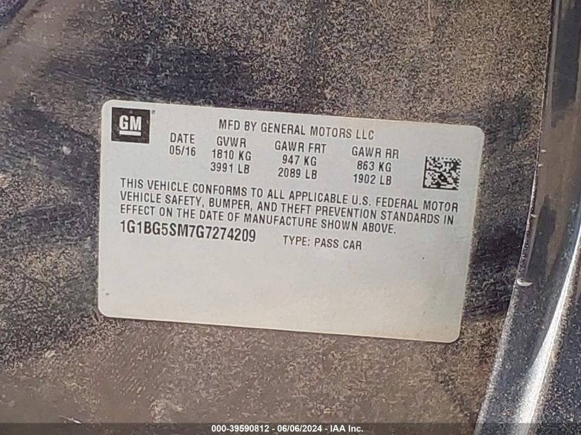 2016 Chevrolet Cruze Premier Auto VIN: 1G1BG5SM7G7274209 Lot: 39590812