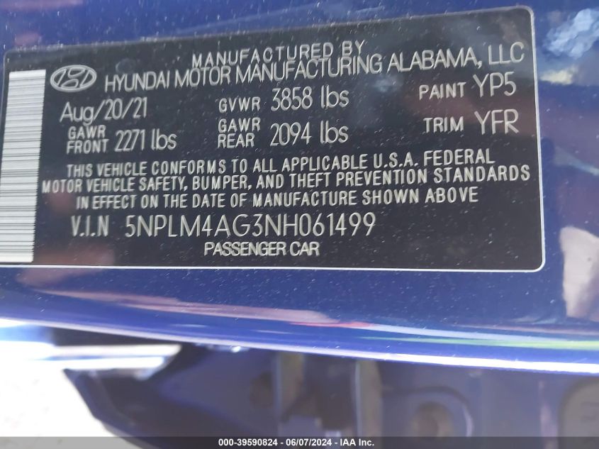 2022 Hyundai Elantra Sel VIN: 5NPLM4AG3NH061499 Lot: 39590824