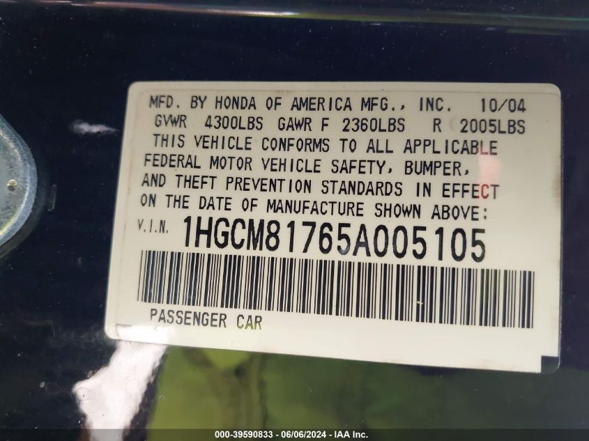 2005 Honda Accord 3.0 Ex VIN: 1HGCM81765A005105 Lot: 39590833