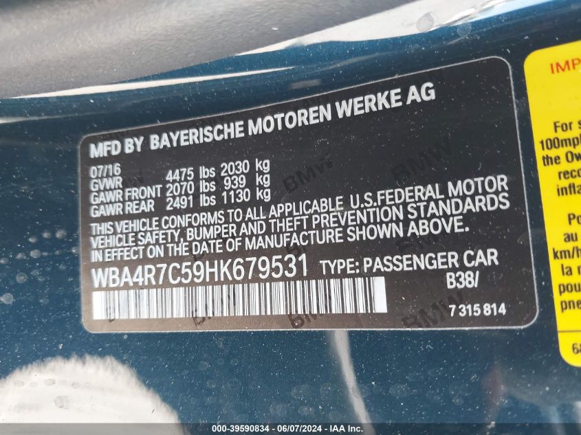 2017 BMW 430I VIN: WBA4R7C59HK679531 Lot: 39590834