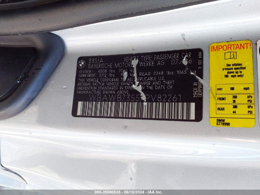 2007 BMW 335I VIN: WBAWB73557PV82261 Lot: 39590835