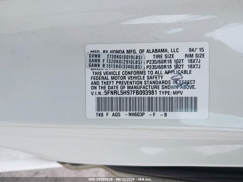 2015 Honda Odyssey Touring/Touring Elite VIN: 5FNRL5H97FB093981 Lot: 39590836