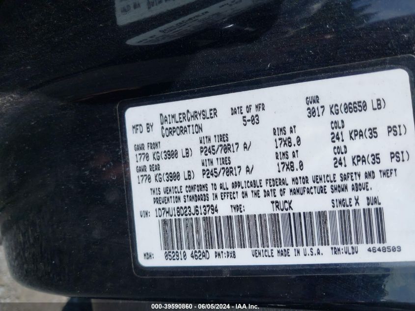 2003 Dodge Ram 1500 St/Slt VIN: 1D7HU18D23J613794 Lot: 39590860