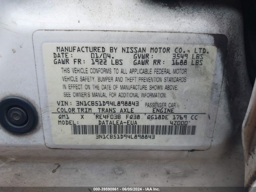 2004 Nissan Sentra 1.8S VIN: 3N1CB51D94L898843 Lot: 42183824