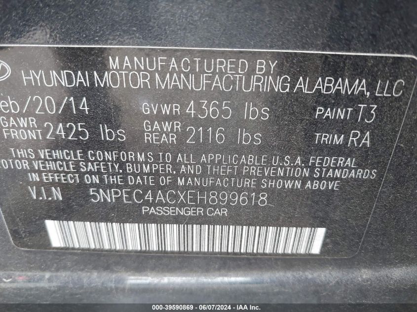 5NPEC4ACXEH899618 2014 Hyundai Sonata Limited