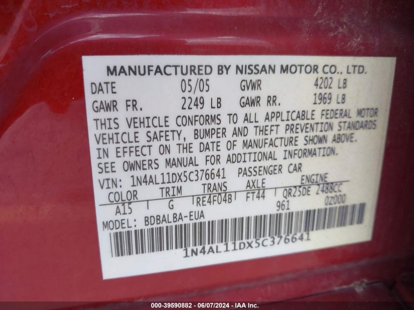 2005 Nissan Altima 2.5 S VIN: 1N4AL11DX5C376641 Lot: 39590882