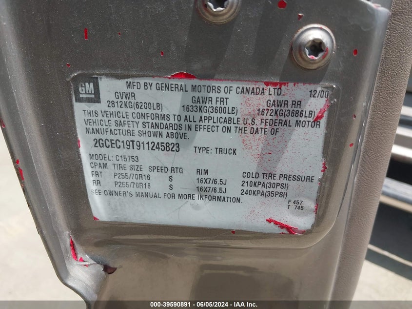 2001 Chevrolet Silverado 1500 Ls VIN: 2GCEC19T911245823 Lot: 39590891