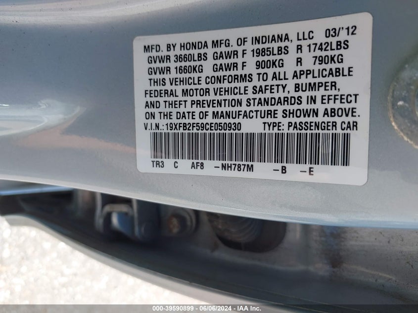 2012 Honda Civic Lx VIN: 19XFB2F59CE050930 Lot: 39590899