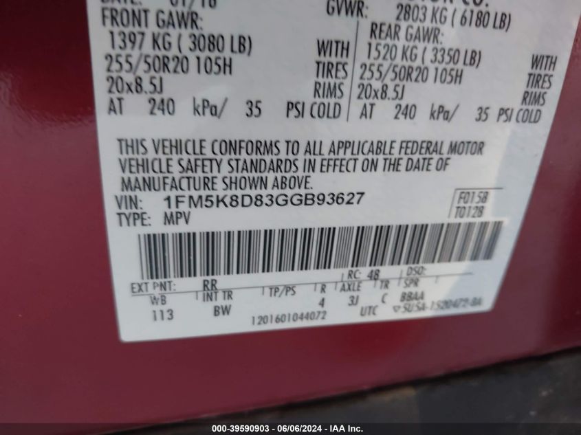2016 Ford Explorer Xlt VIN: 1FM5K8D83GGB93627 Lot: 39590903